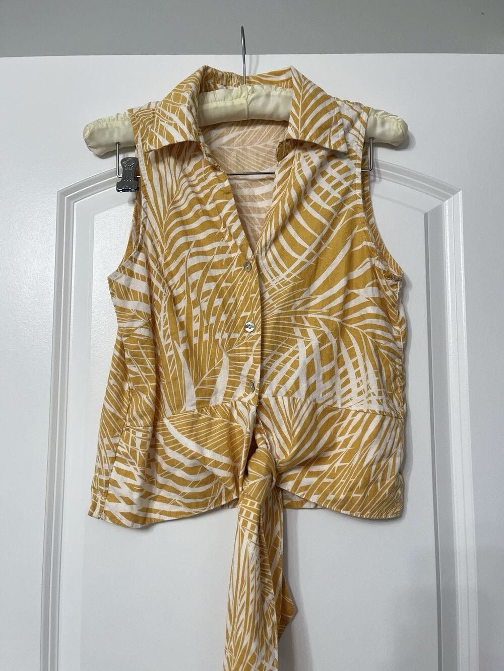Panama Jack Yellow White Palm Leaf Tropical Sleeveless Tie Front Crop Top Size S